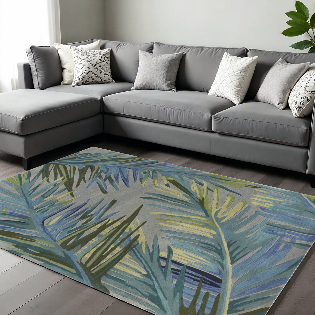 5' X 8' Blue And Gray Wool Tropical Botanical Hand Tufted Area Rug-Area Rugs-DECOROLALA