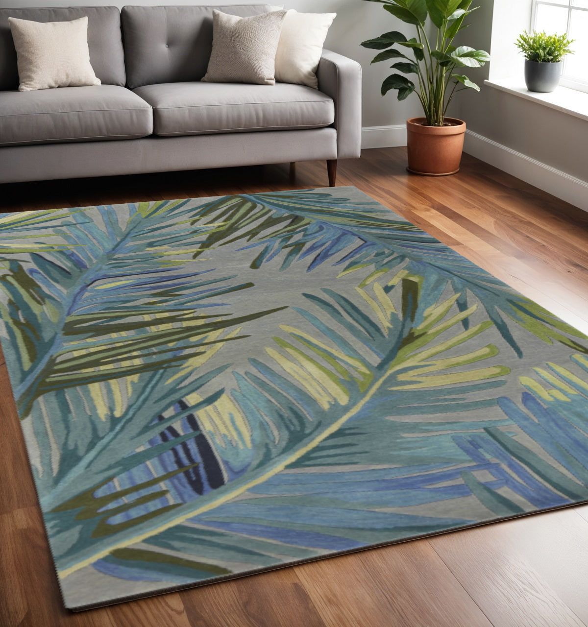 5' X 8' Blue And Gray Wool Tropical Botanical Hand Tufted Area Rug-Area Rugs-DECOROLALA
