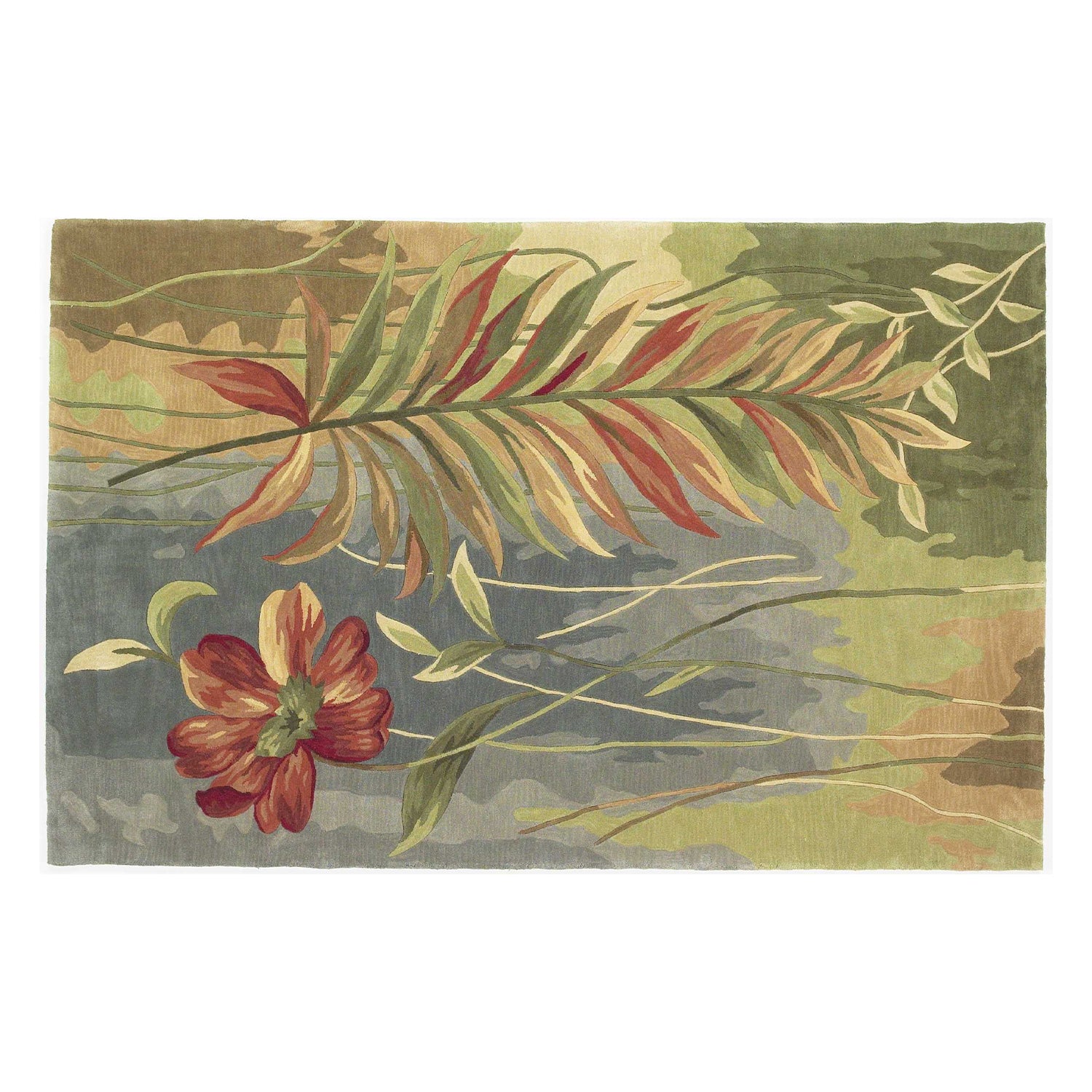5' X 8' Blue And Green Wool Tropical Botanical Hand Tufted Area Rug-Area Rugs-DECOROLALA