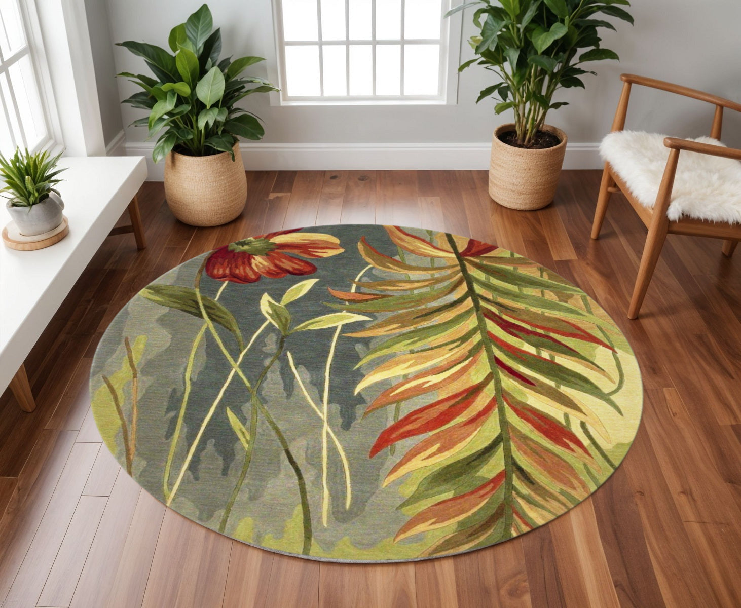 5' X 8' Blue And Green Wool Tropical Botanical Hand Tufted Area Rug-Area Rugs-DECOROLALA