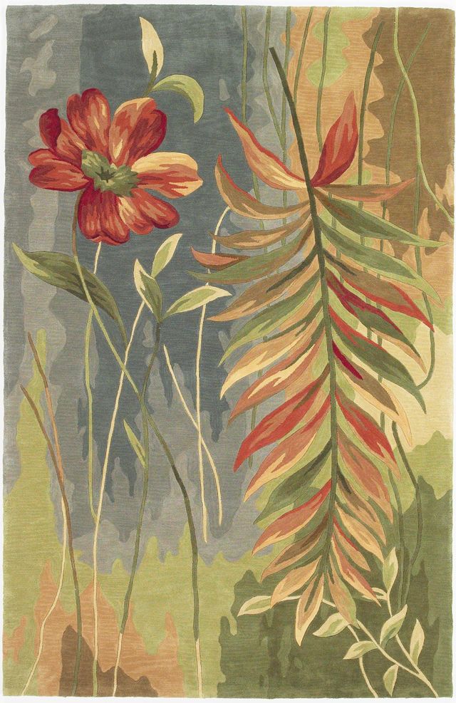 5' X 8' Blue And Green Wool Tropical Botanical Hand Tufted Area Rug-Area Rugs-DECOROLALA