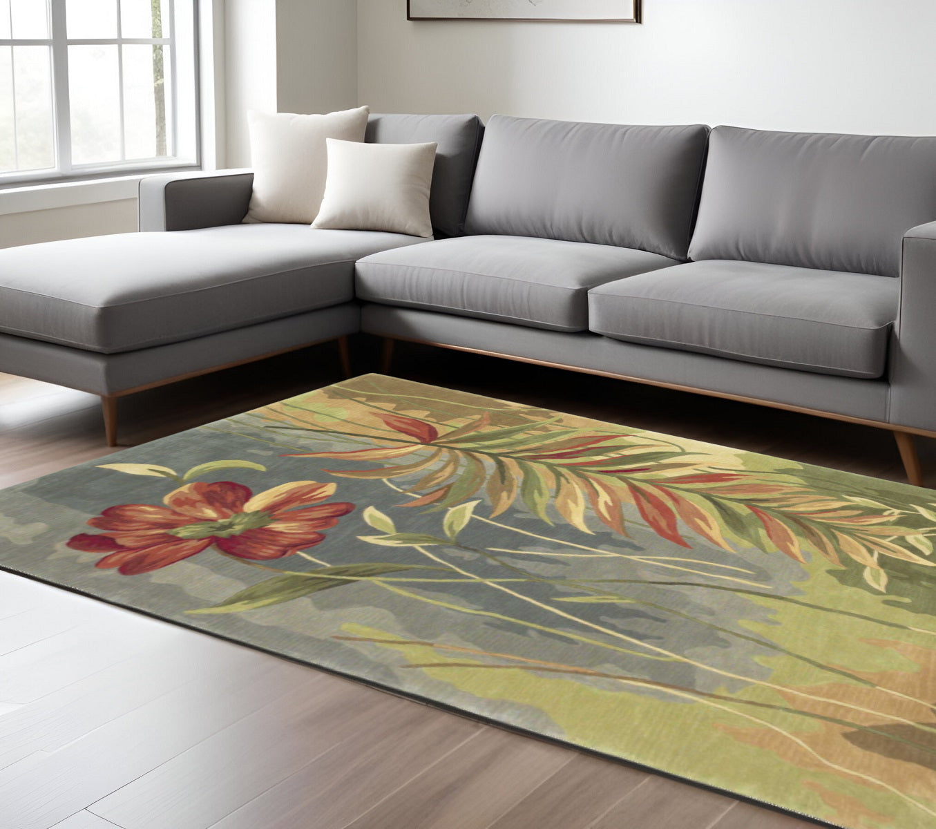 5' X 8' Blue And Green Wool Tropical Botanical Hand Tufted Area Rug-Area Rugs-DECOROLALA