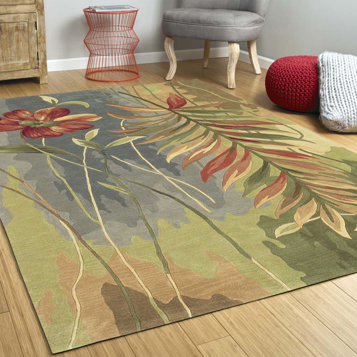 5' X 8' Blue And Green Wool Tropical Botanical Hand Tufted Area Rug-Area Rugs-DECOROLALA