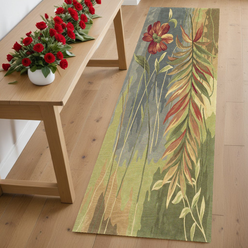 5' X 8' Blue And Green Wool Tropical Botanical Hand Tufted Area Rug-Area Rugs-DECOROLALA