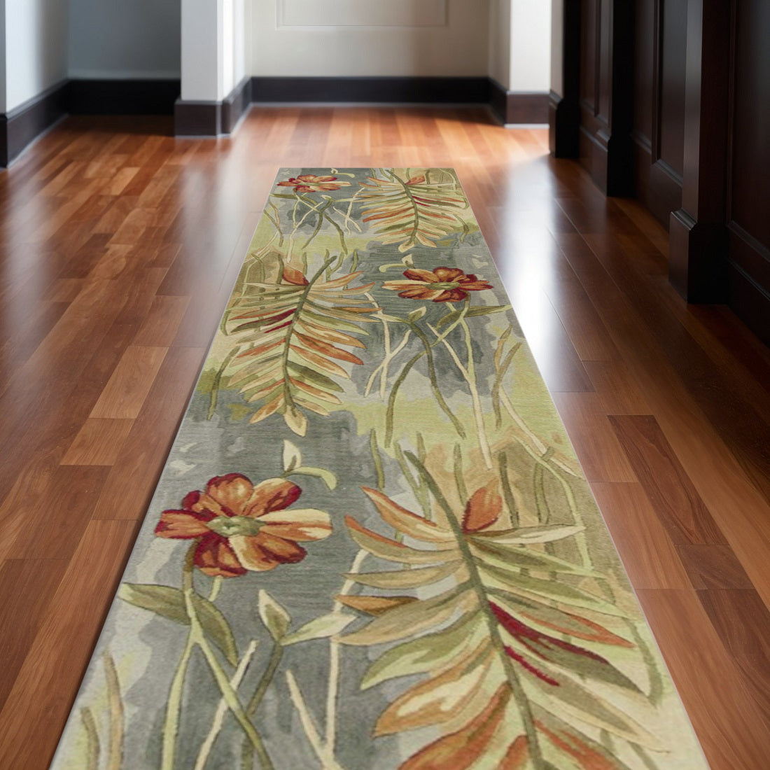 5' X 8' Blue And Green Wool Tropical Botanical Hand Tufted Area Rug-Area Rugs-DECOROLALA