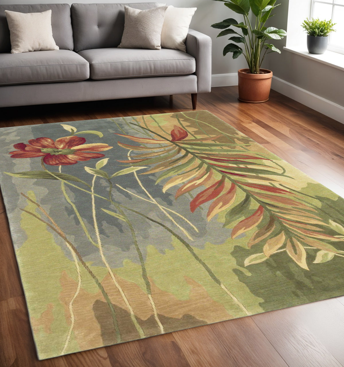 5' X 8' Blue And Green Wool Tropical Botanical Hand Tufted Area Rug-Area Rugs-DECOROLALA