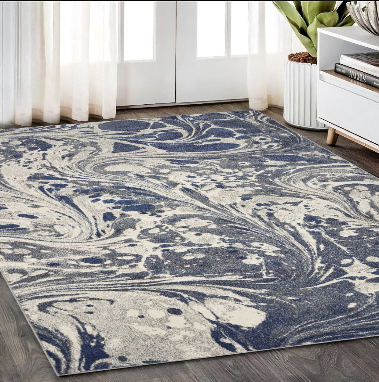 5' X 8' Blue Gray And Ivory Abstract Area Rug-Area Rugs-DECOROLALA