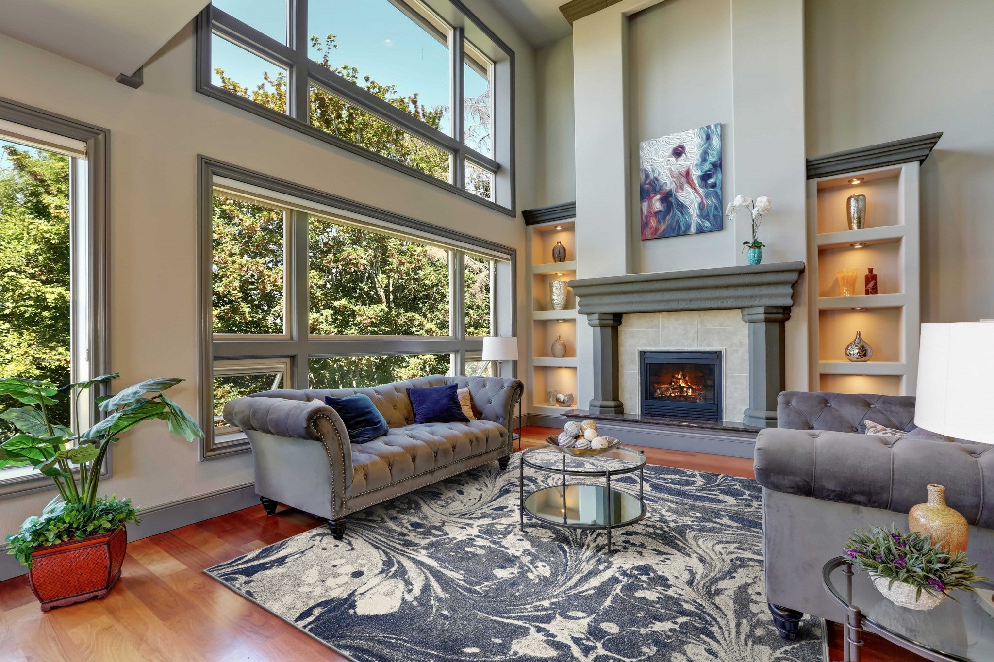 5' X 8' Blue Gray And Ivory Abstract Area Rug-Area Rugs-DECOROLALA