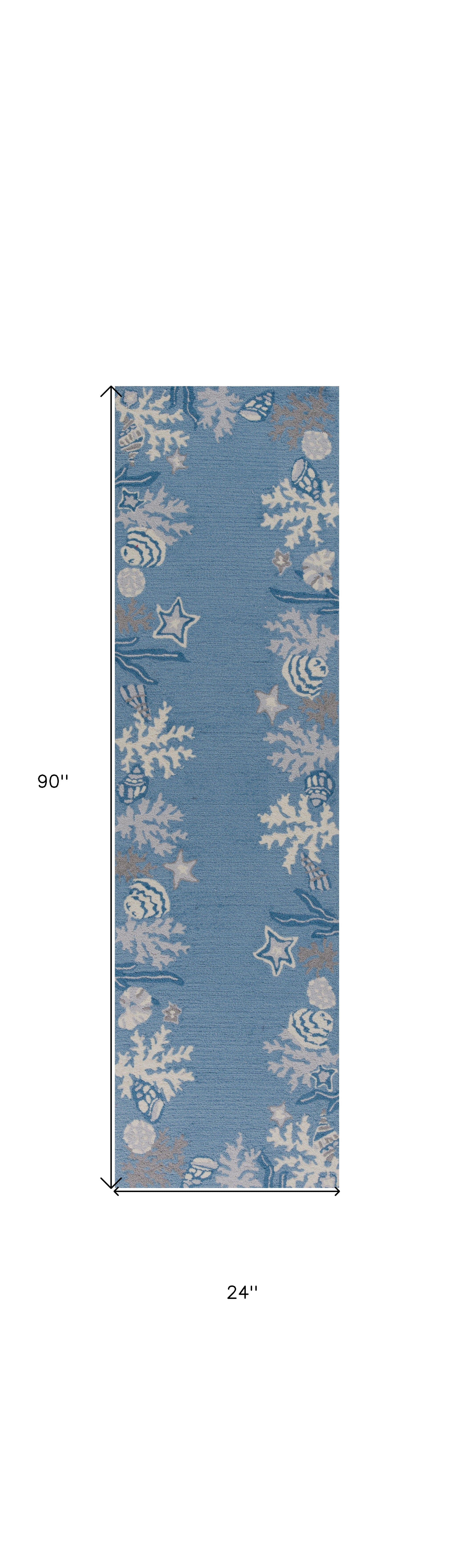 5' X 8' Blue Gray And White Fish and Coral Hand Tufted Area Rug-Area Rugs-DECOROLALA