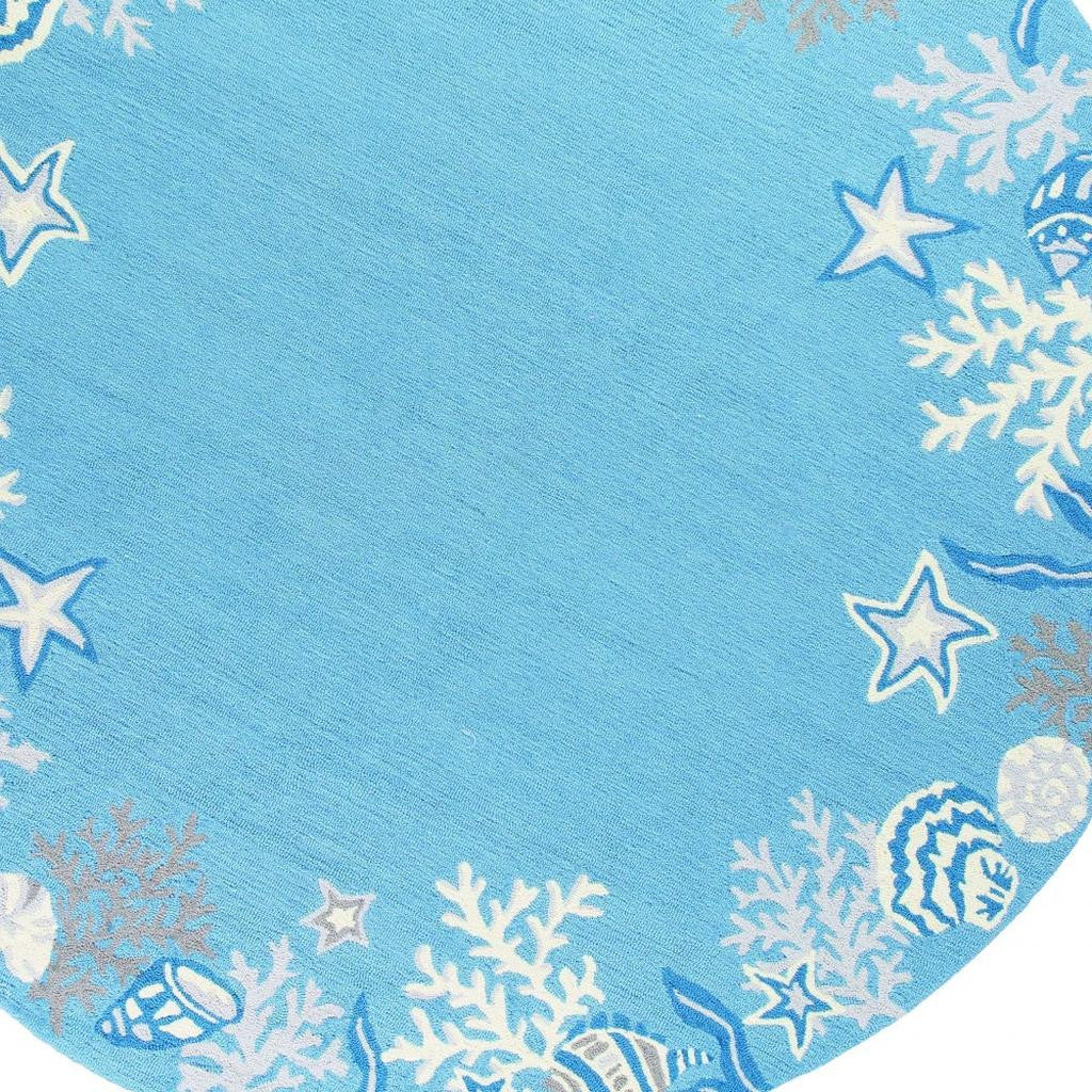 5' X 8' Blue Gray And White Fish and Coral Hand Tufted Area Rug-Area Rugs-DECOROLALA