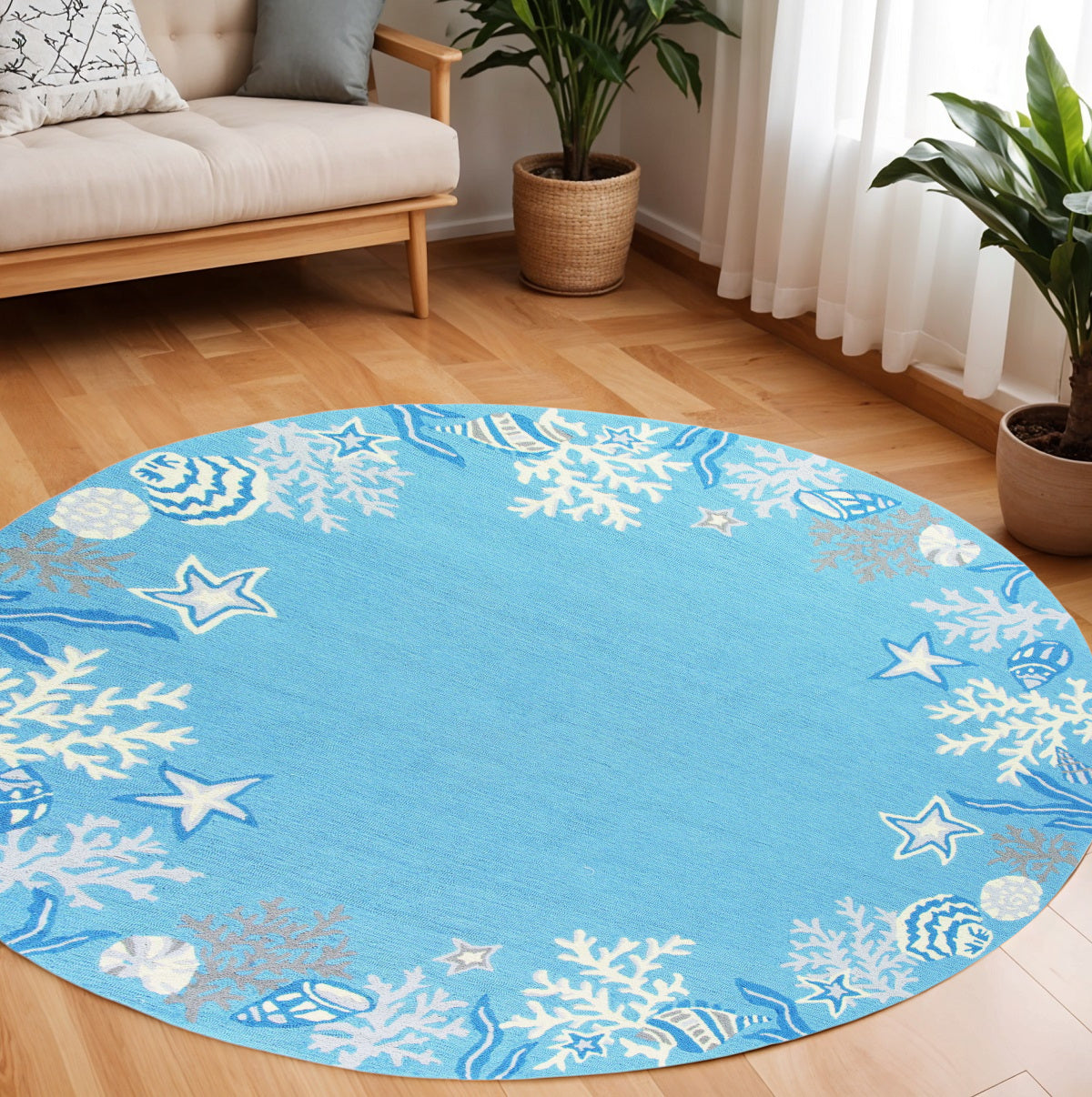 5' X 8' Blue Gray And White Fish and Coral Hand Tufted Area Rug-Area Rugs-DECOROLALA