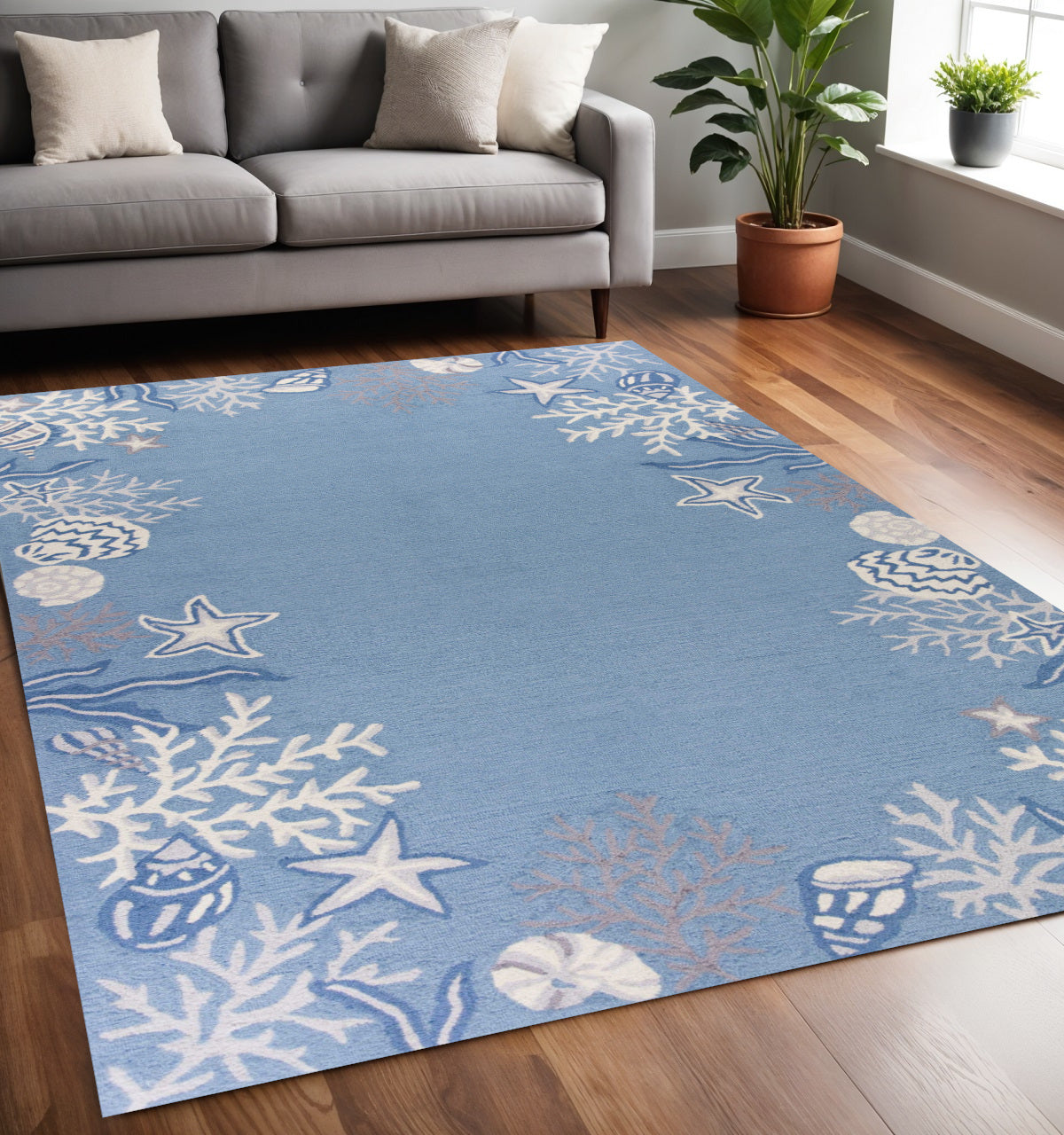 5' X 8' Blue Gray And White Fish and Coral Hand Tufted Area Rug-Area Rugs-DECOROLALA