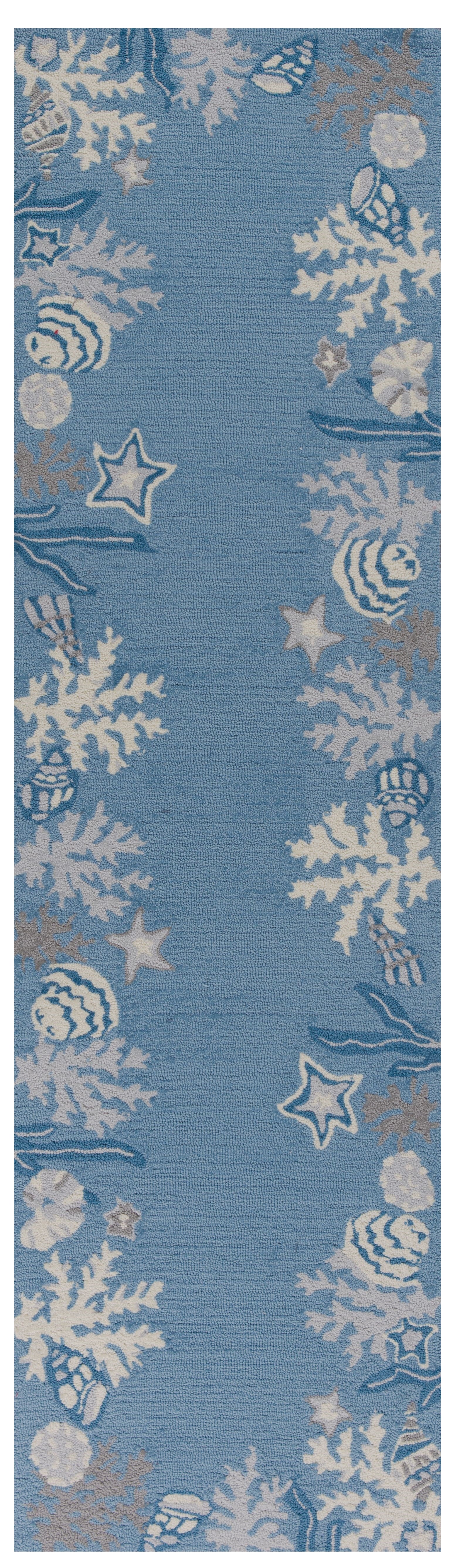 5' X 8' Blue Gray And White Fish and Coral Hand Tufted Area Rug-Area Rugs-DECOROLALA