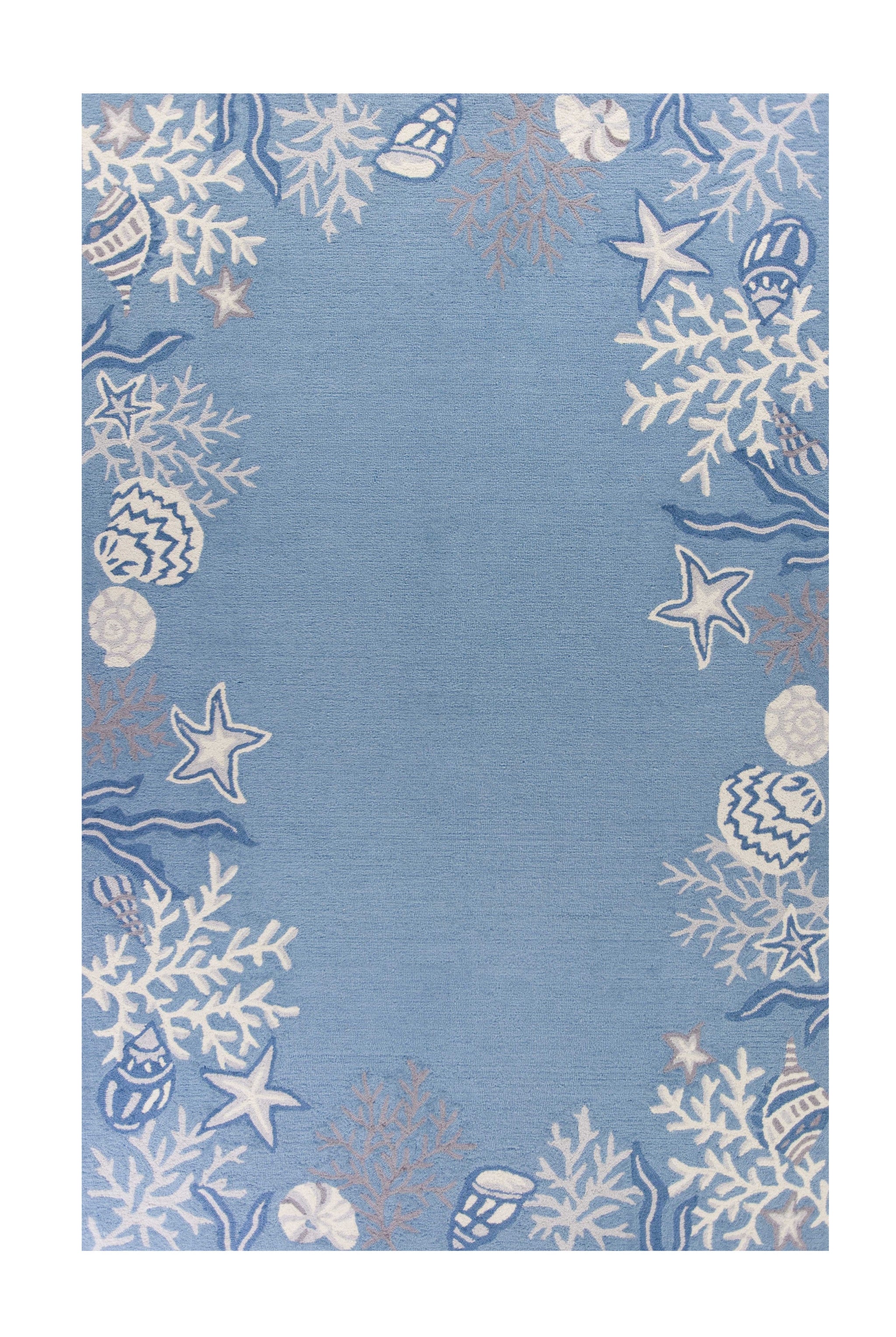 5' X 8' Blue Gray And White Fish and Coral Hand Tufted Area Rug-Area Rugs-DECOROLALA