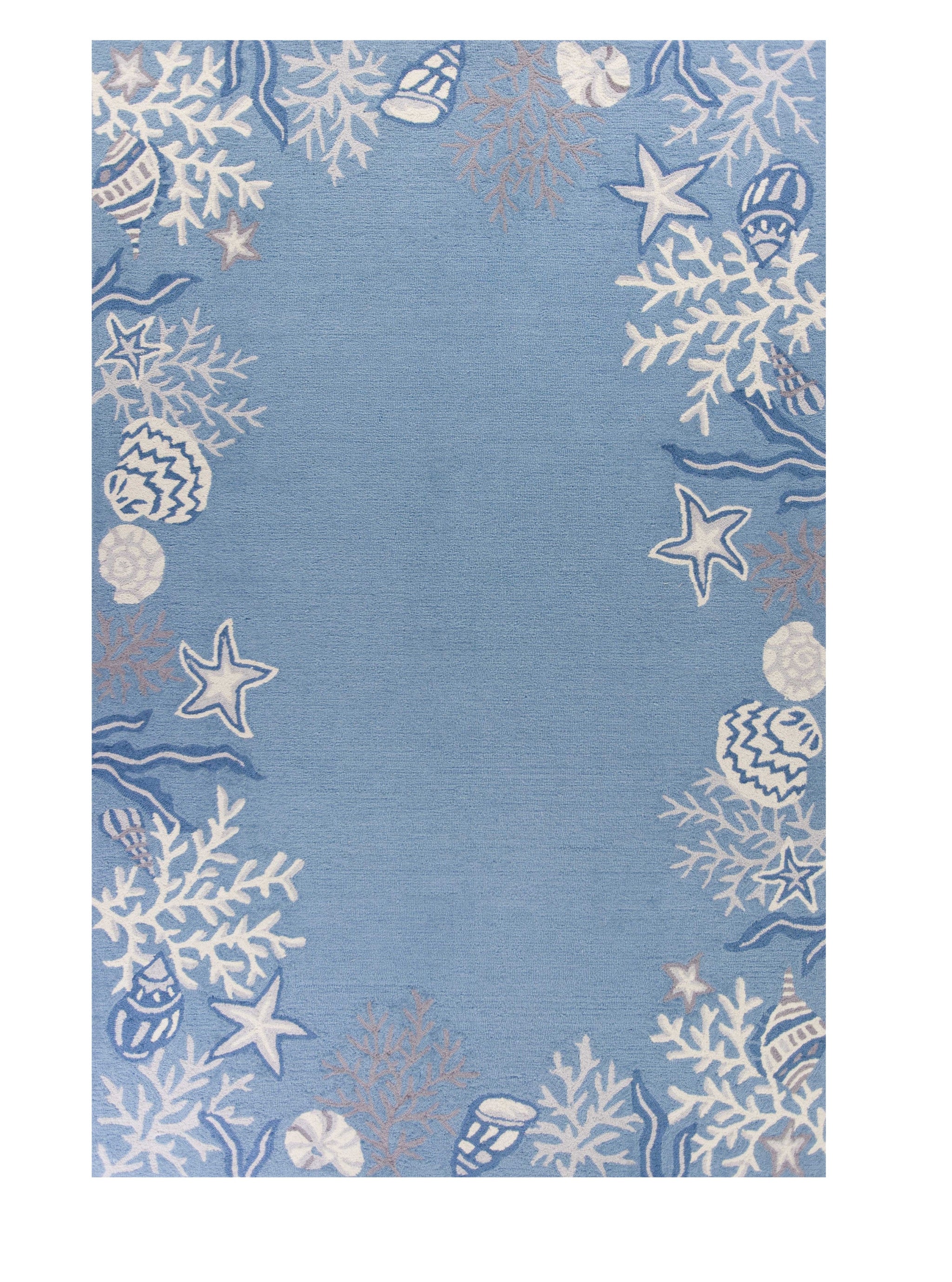 5' X 8' Blue Gray And White Fish and Coral Hand Tufted Area Rug-Area Rugs-DECOROLALA