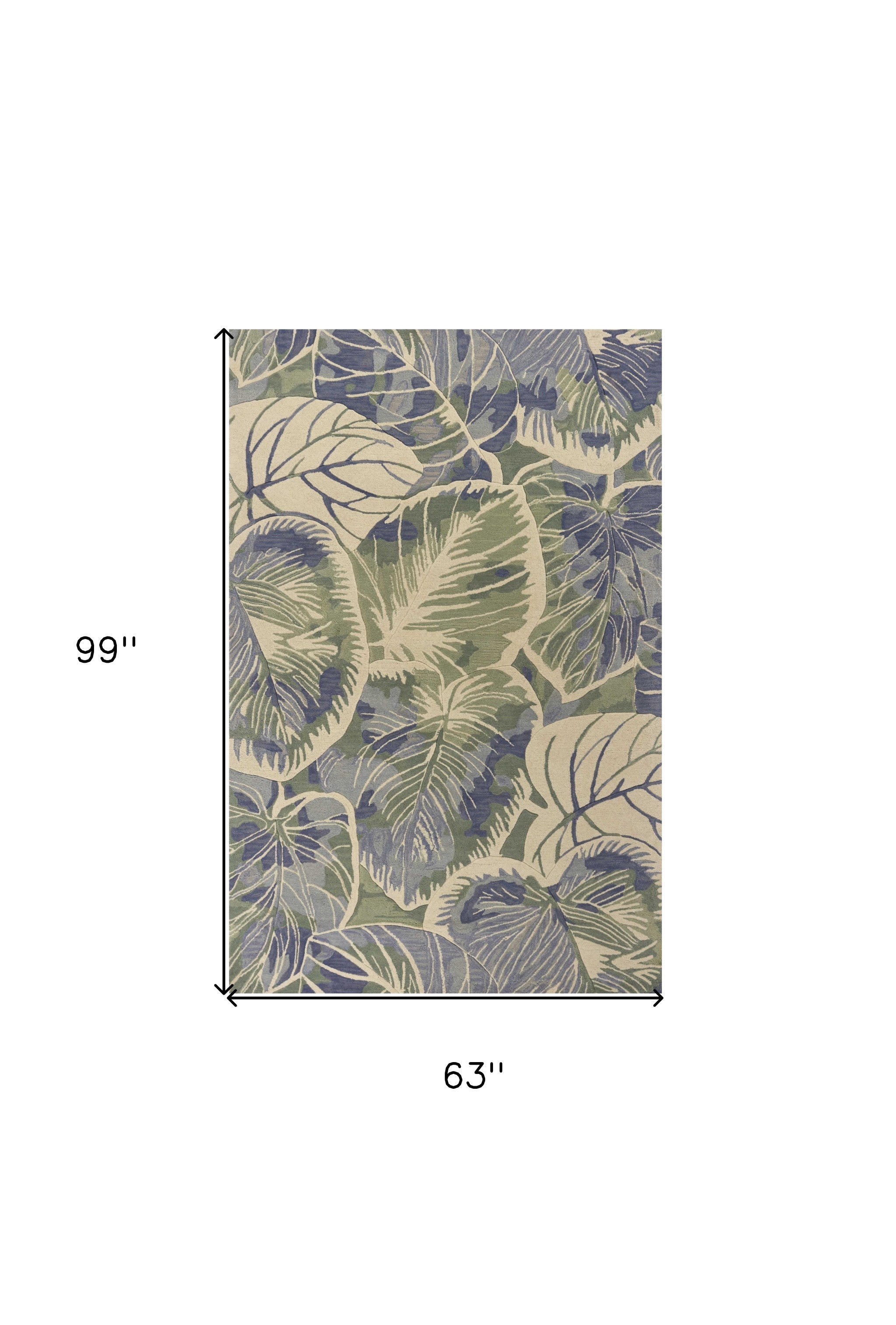 5' X 8' Blue Green And Beige Wool Tropical Botanical Hand Tufted Area Rug-Area Rugs-DECOROLALA