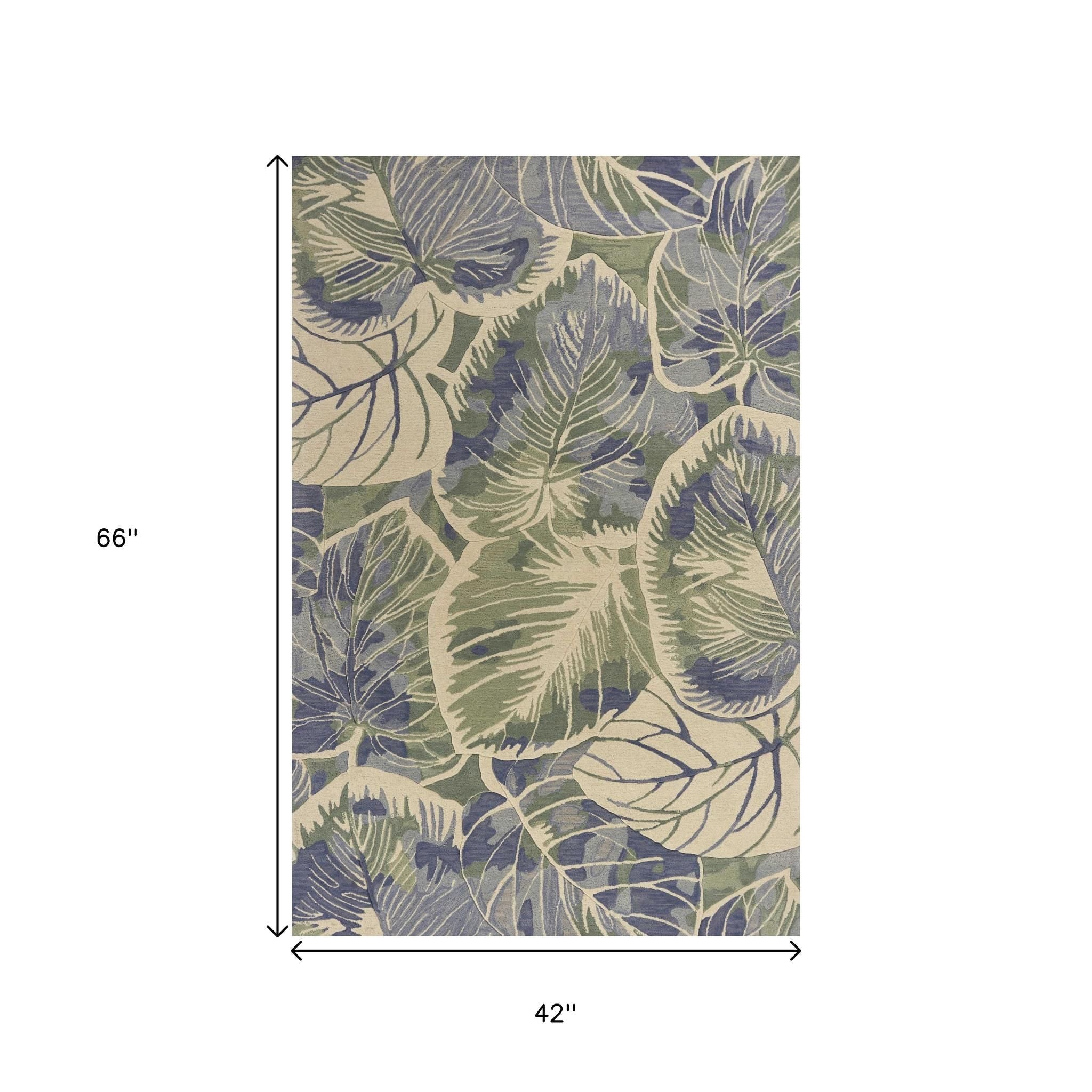 5' X 8' Blue Green And Beige Wool Tropical Botanical Hand Tufted Area Rug-Area Rugs-DECOROLALA