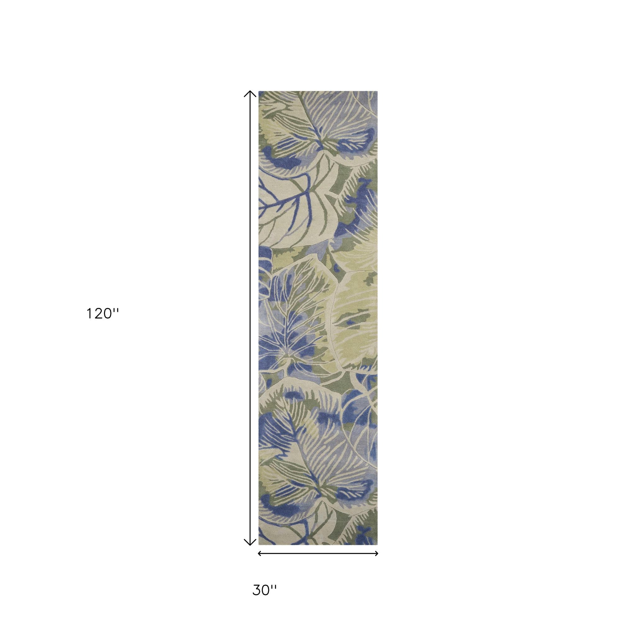 5' X 8' Blue Green And Beige Wool Tropical Botanical Hand Tufted Area Rug-Area Rugs-DECOROLALA