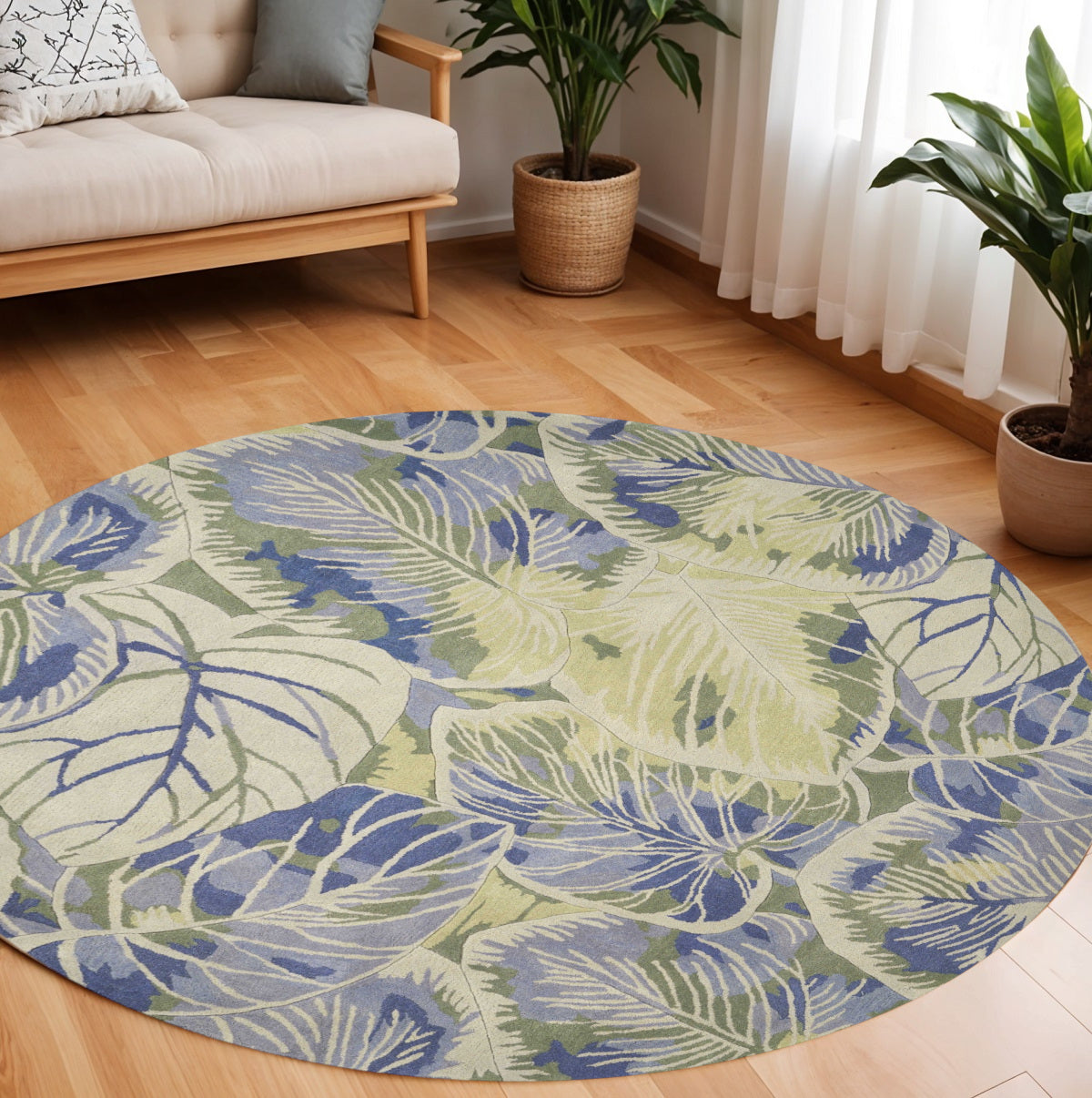 5' X 8' Blue Green And Beige Wool Tropical Botanical Hand Tufted Area Rug-Area Rugs-DECOROLALA