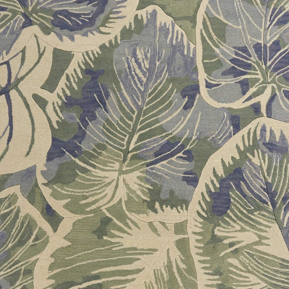 5' X 8' Blue Green And Beige Wool Tropical Botanical Hand Tufted Area Rug-Area Rugs-DECOROLALA