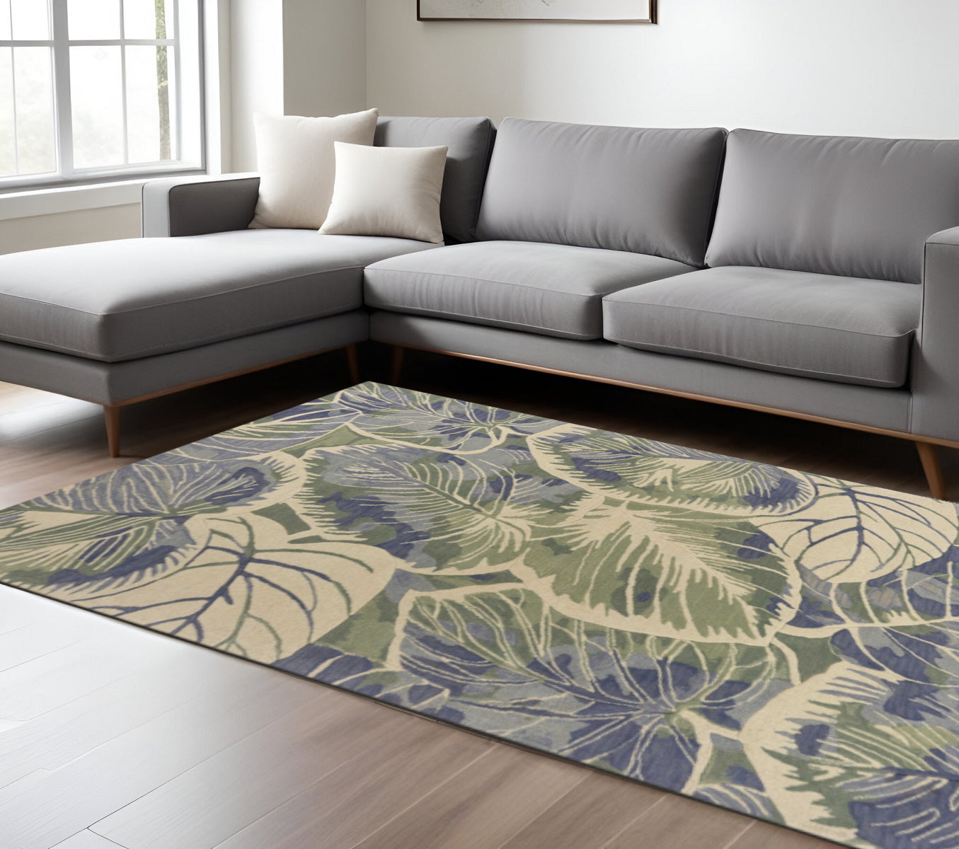 5' X 8' Blue Green And Beige Wool Tropical Botanical Hand Tufted Area Rug-Area Rugs-DECOROLALA
