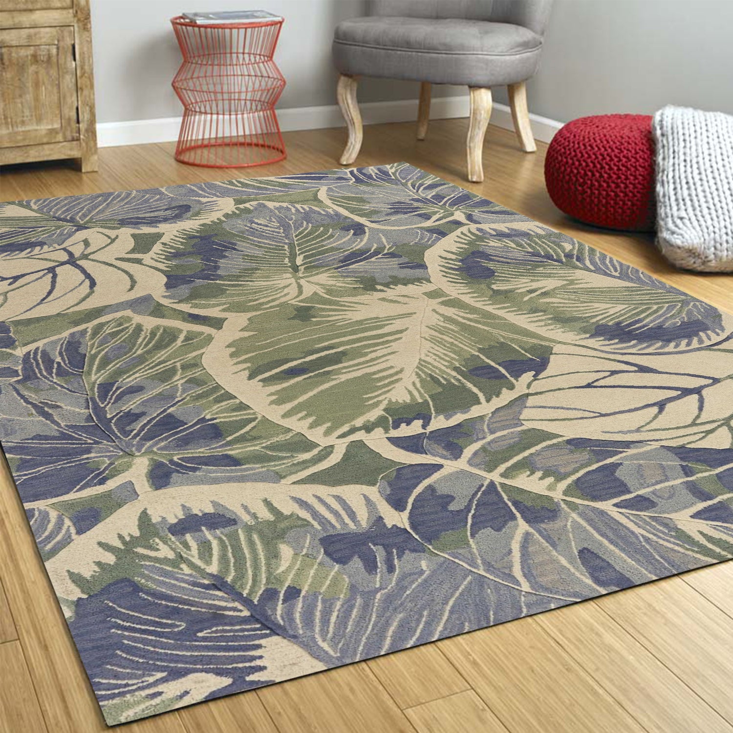 5' X 8' Blue Green And Beige Wool Tropical Botanical Hand Tufted Area Rug-Area Rugs-DECOROLALA