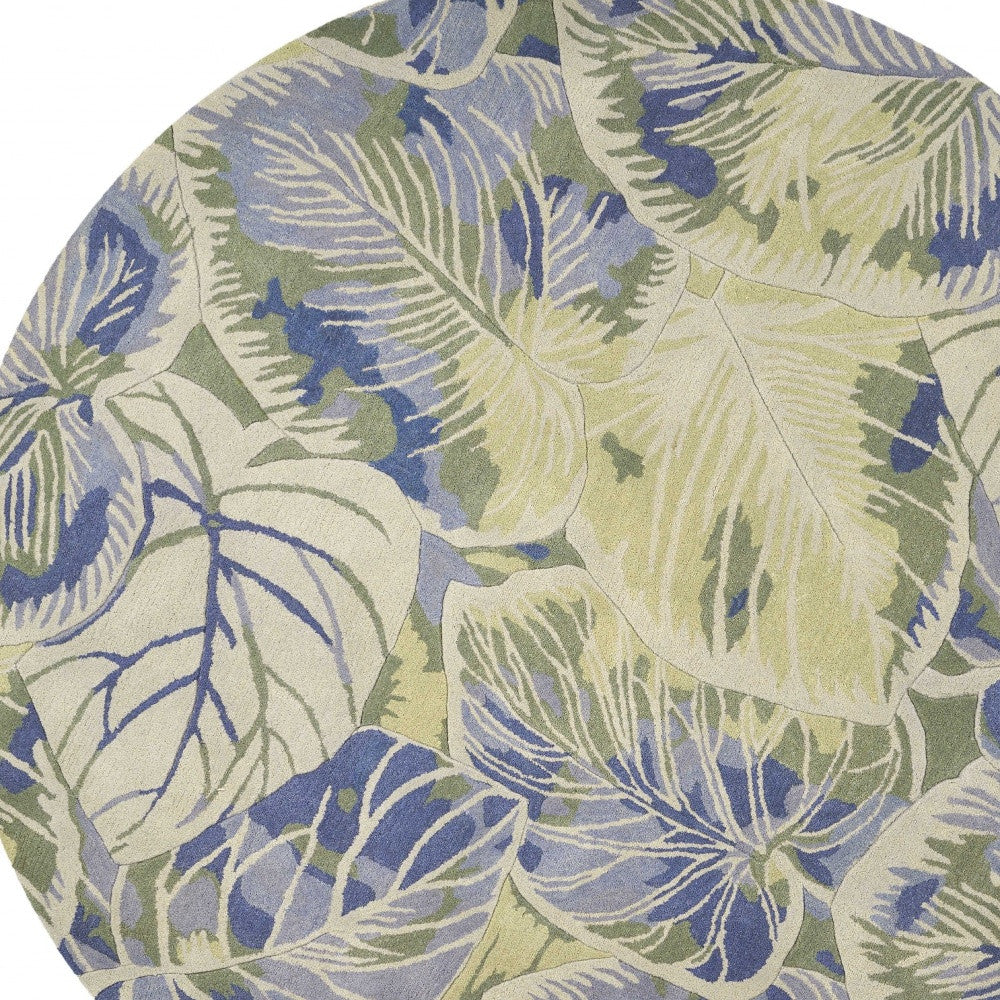 5' X 8' Blue Green And Beige Wool Tropical Botanical Hand Tufted Area Rug-Area Rugs-DECOROLALA