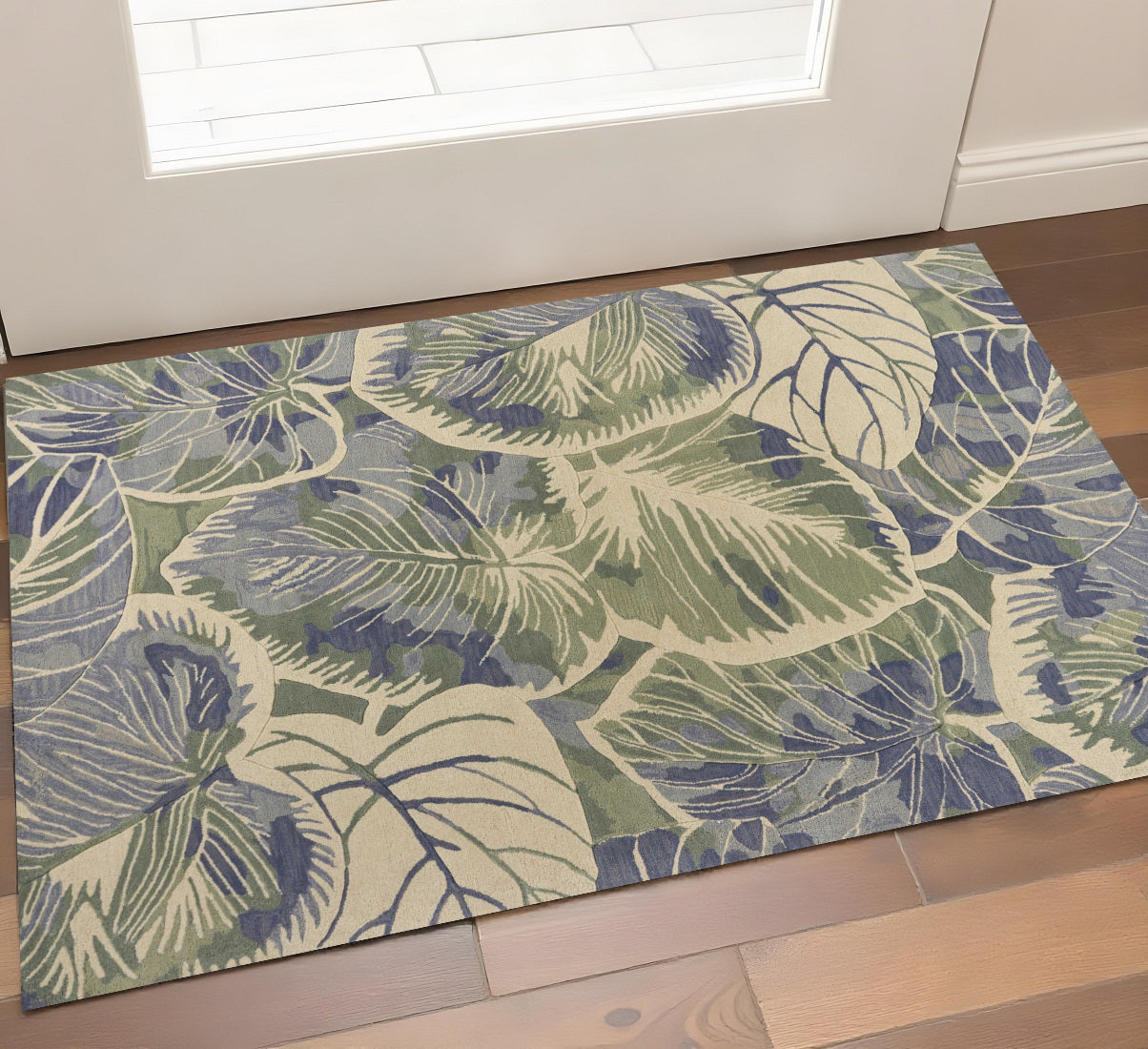 5' X 8' Blue Green And Beige Wool Tropical Botanical Hand Tufted Area Rug-Area Rugs-DECOROLALA
