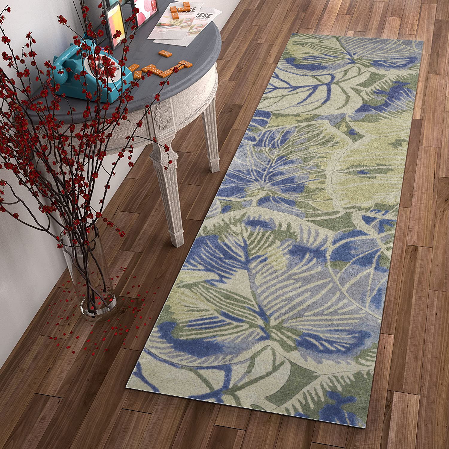 5' X 8' Blue Green And Beige Wool Tropical Botanical Hand Tufted Area Rug-Area Rugs-DECOROLALA