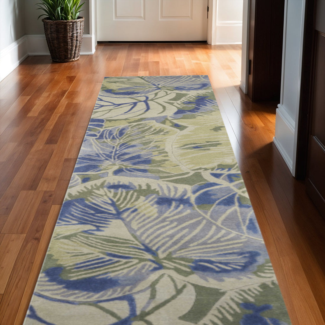 5' X 8' Blue Green And Beige Wool Tropical Botanical Hand Tufted Area Rug-Area Rugs-DECOROLALA