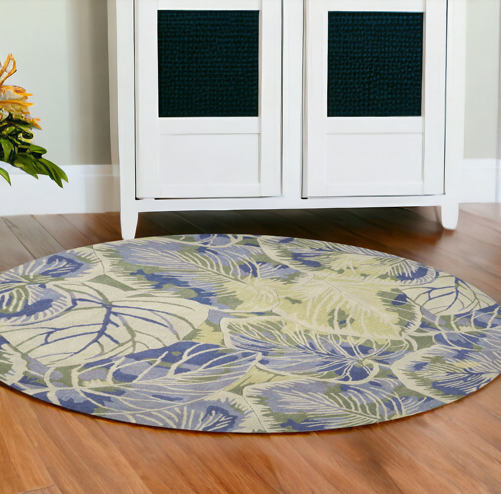 5' X 8' Blue Green And Beige Wool Tropical Botanical Hand Tufted Area Rug-Area Rugs-DECOROLALA