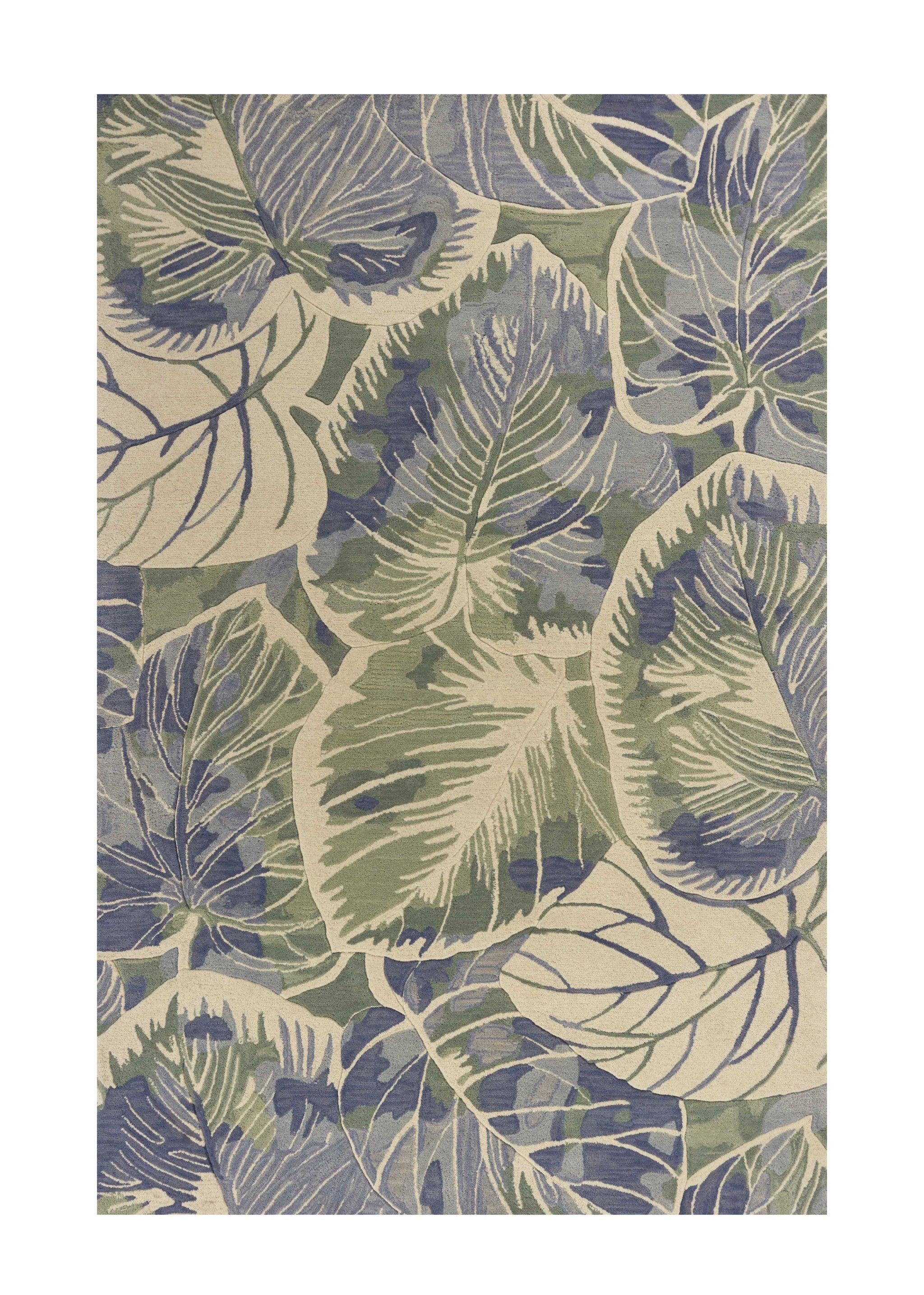 5' X 8' Blue Green And Beige Wool Tropical Botanical Hand Tufted Area Rug-Area Rugs-DECOROLALA