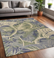 5' X 8' Blue Green And Beige Wool Tropical Botanical Hand Tufted Area Rug-Area Rugs-DECOROLALA