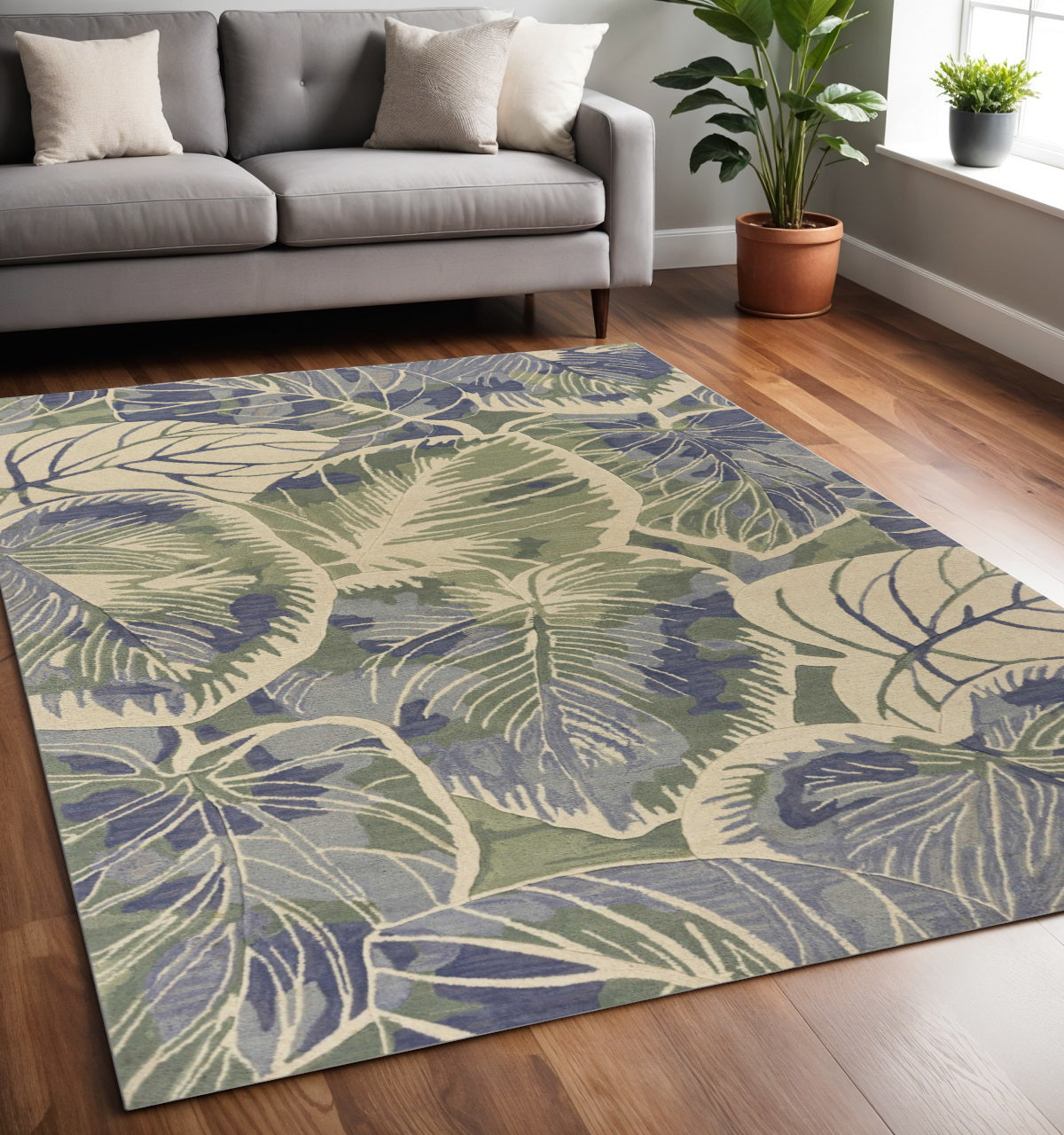 5' X 8' Blue Green And Beige Wool Tropical Botanical Hand Tufted Area Rug-Area Rugs-DECOROLALA