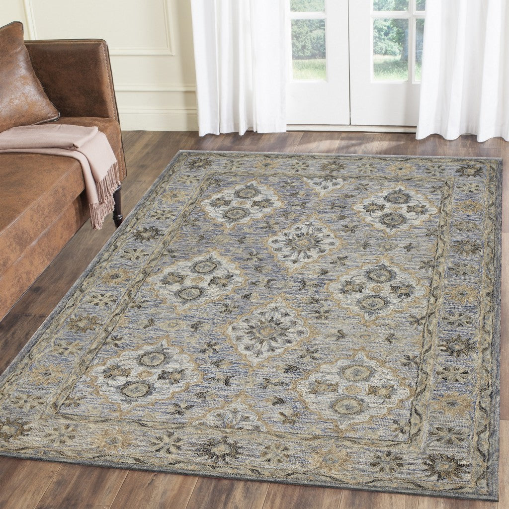 5' X 8' Blue and Tan Traditional Area Rug-Area Rugs-DECOROLALA