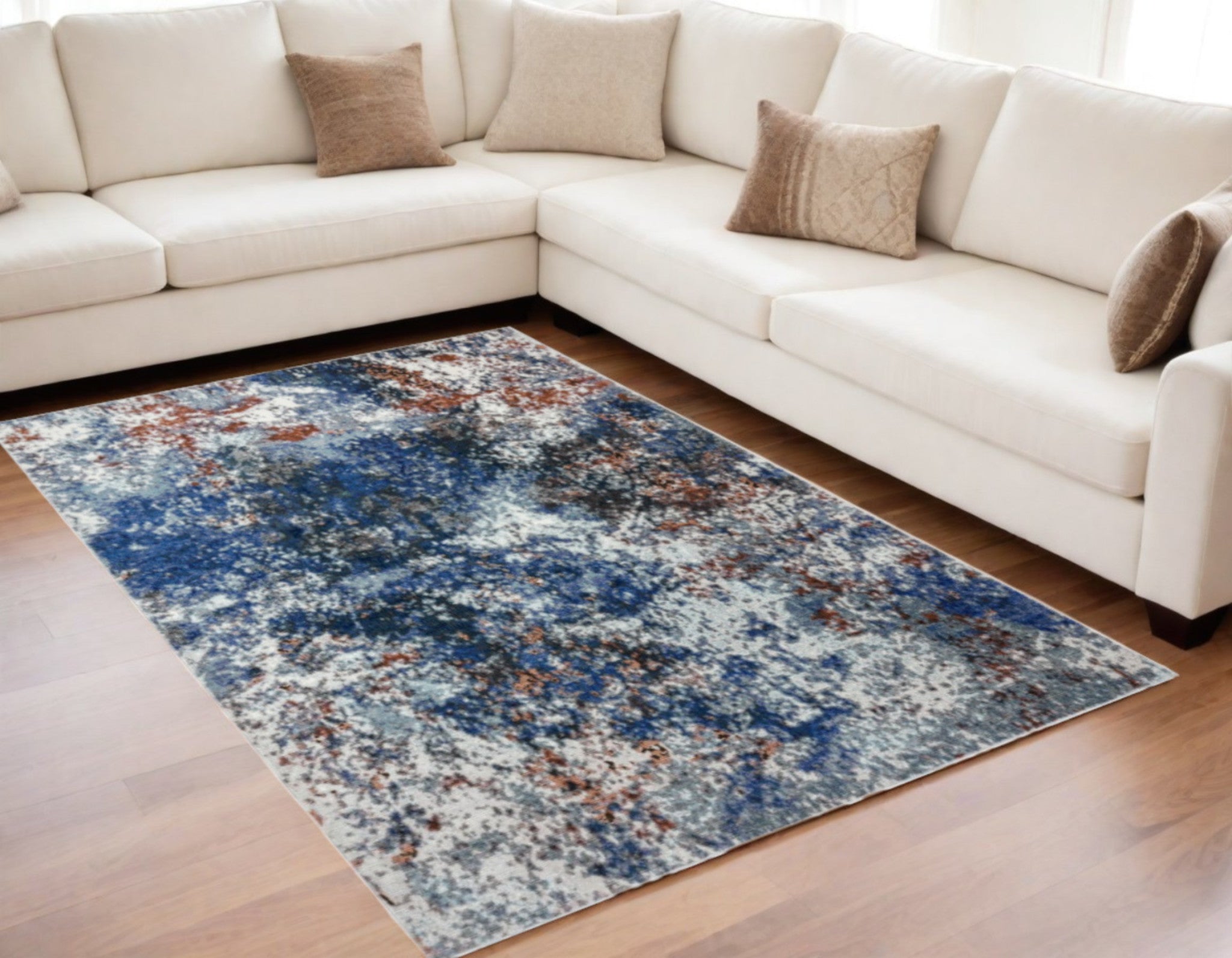5' X 8' Blue and White Abstract Ocean Area Rug-Area Rugs-DECOROLALA