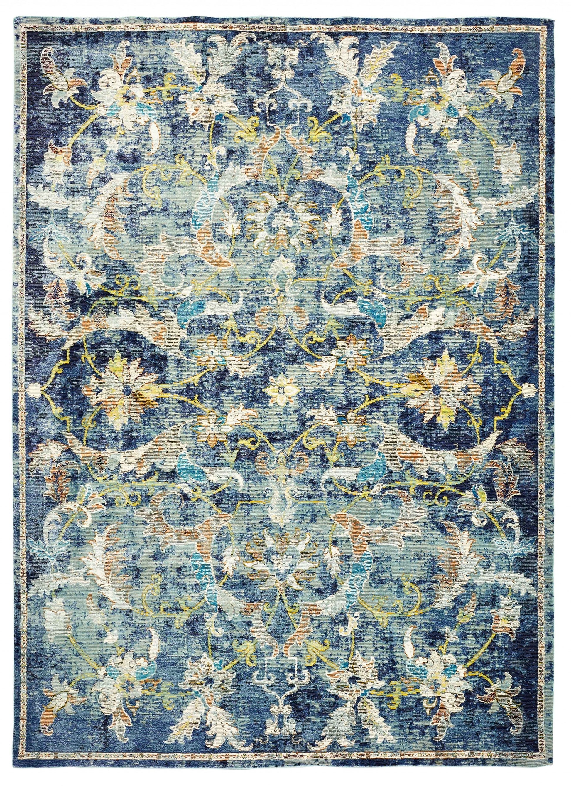 5' X 8' Blue and White Jacobean Pattern Area Rug-Area Rugs-DECOROLALA