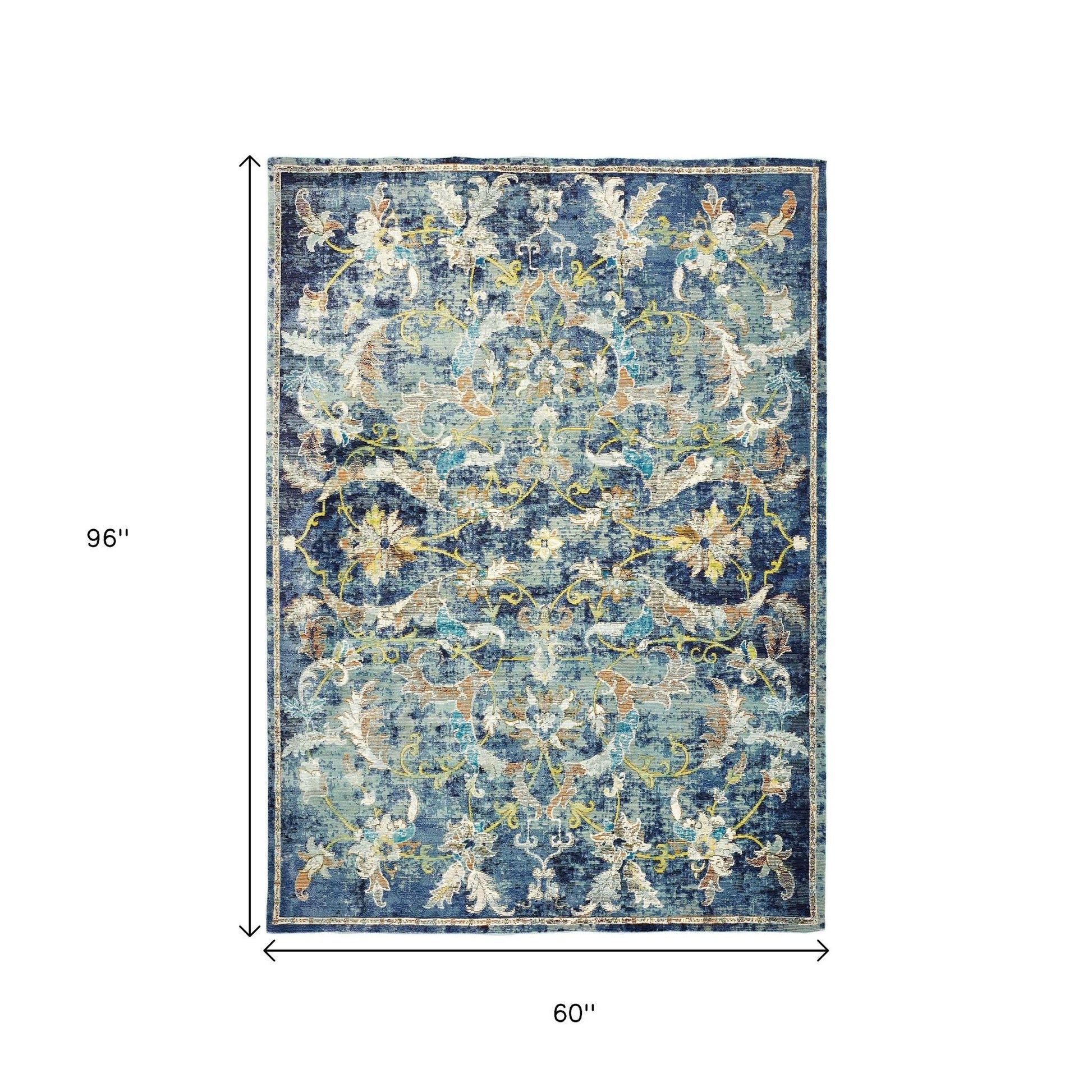 5' X 8' Blue and White Jacobean Pattern Area Rug-Area Rugs-DECOROLALA
