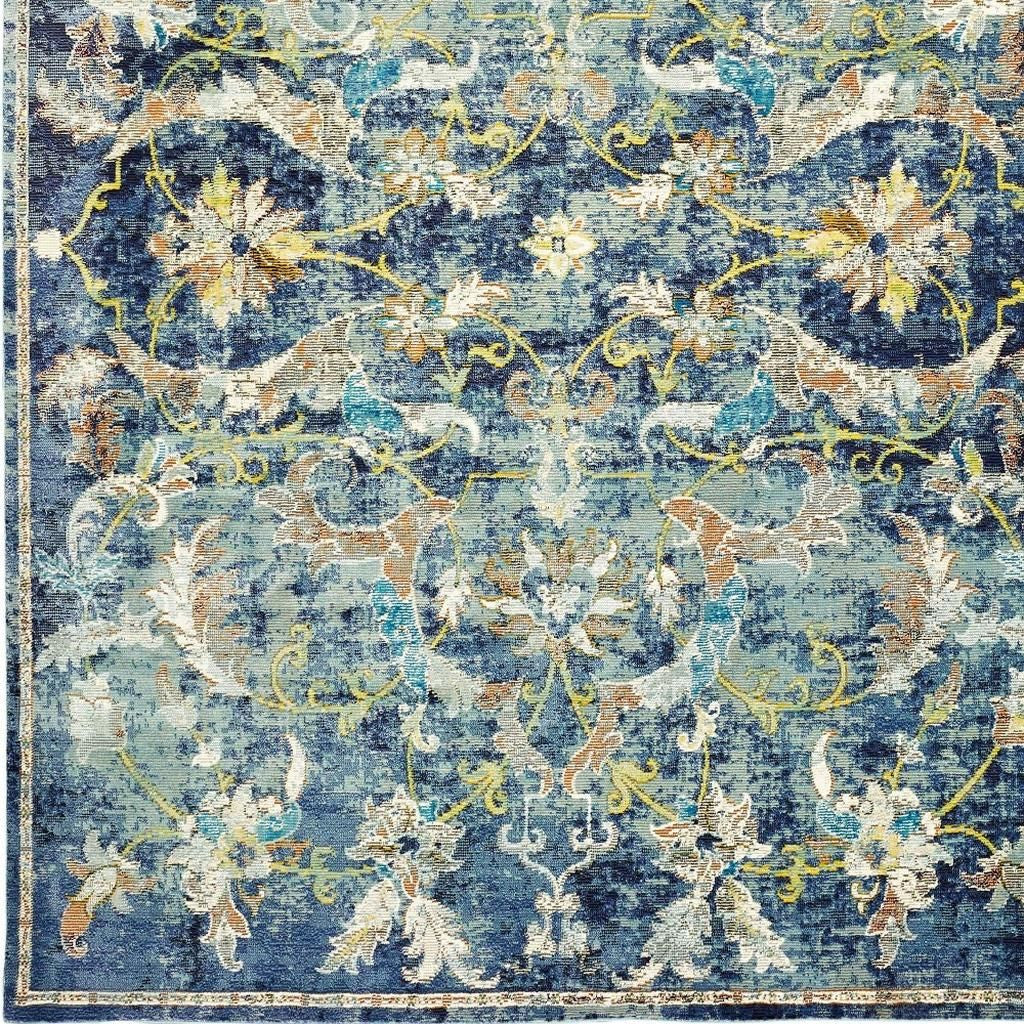 5' X 8' Blue and White Jacobean Pattern Area Rug-Area Rugs-DECOROLALA