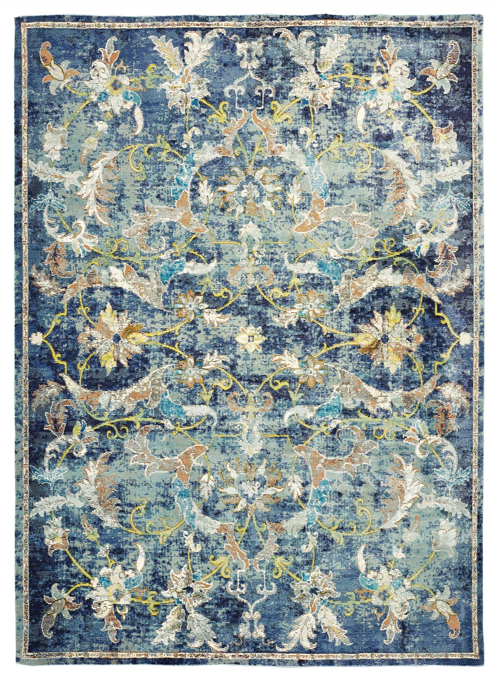 5' X 8' Blue and White Jacobean Pattern Area Rug-Area Rugs-DECOROLALA