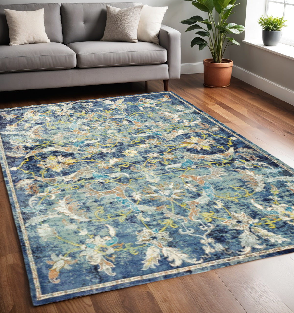 5' X 8' Blue and White Jacobean Pattern Area Rug-Area Rugs-DECOROLALA