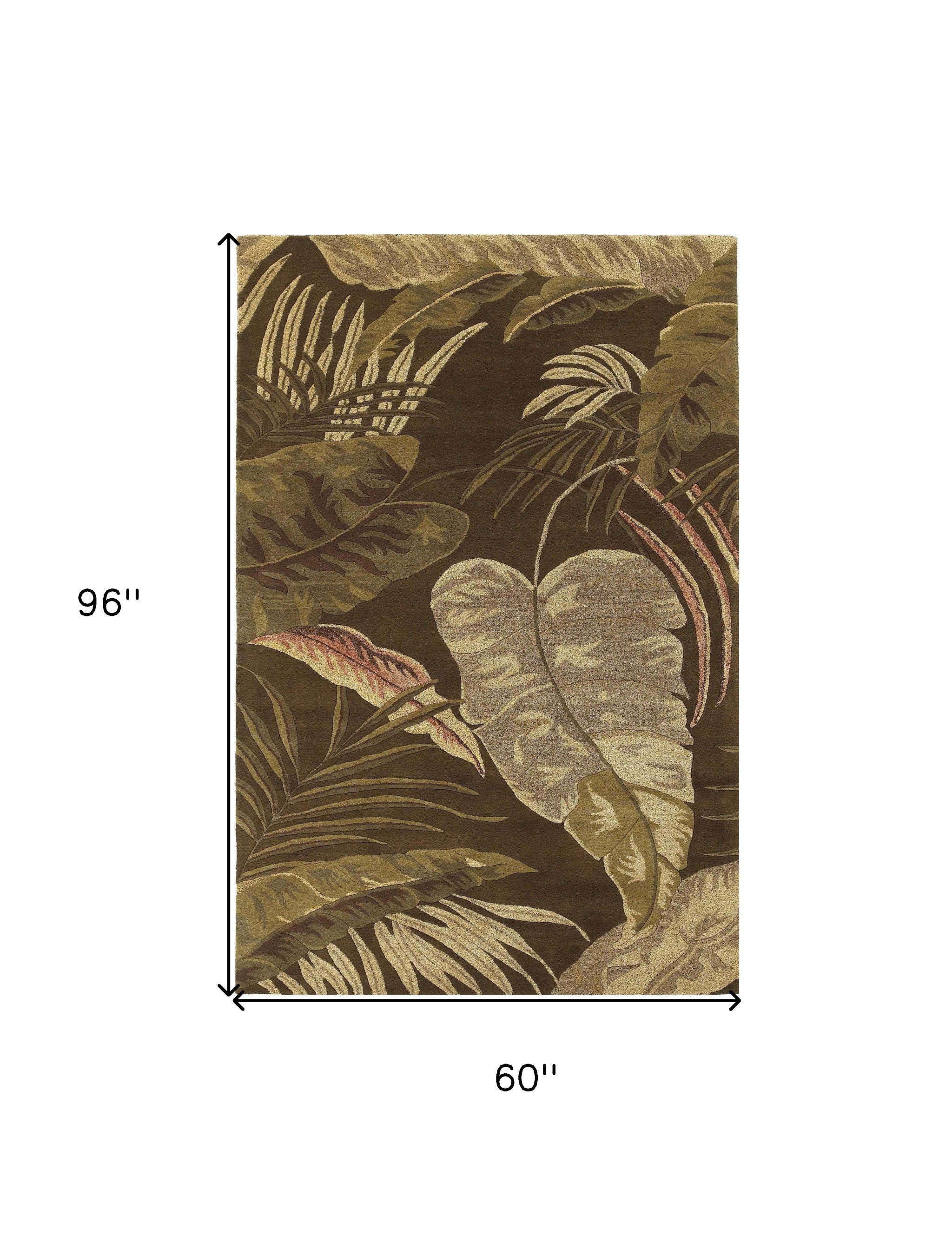 5' X 8' Brown And Beige Wool Botanical Leaves Hand Tufted Area Rug-Area Rugs-DECOROLALA
