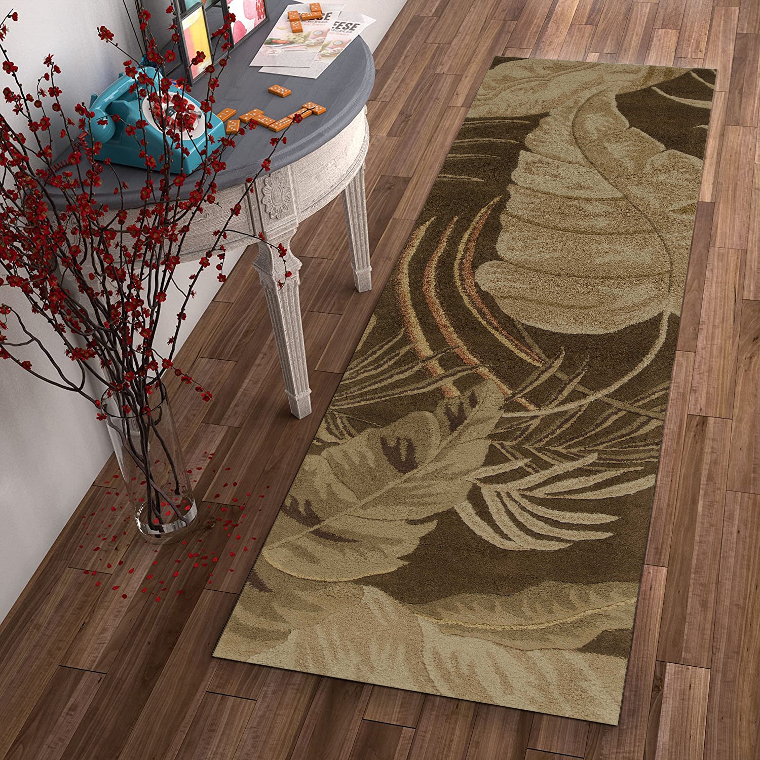 5' X 8' Brown And Beige Wool Botanical Leaves Hand Tufted Area Rug-Area Rugs-DECOROLALA