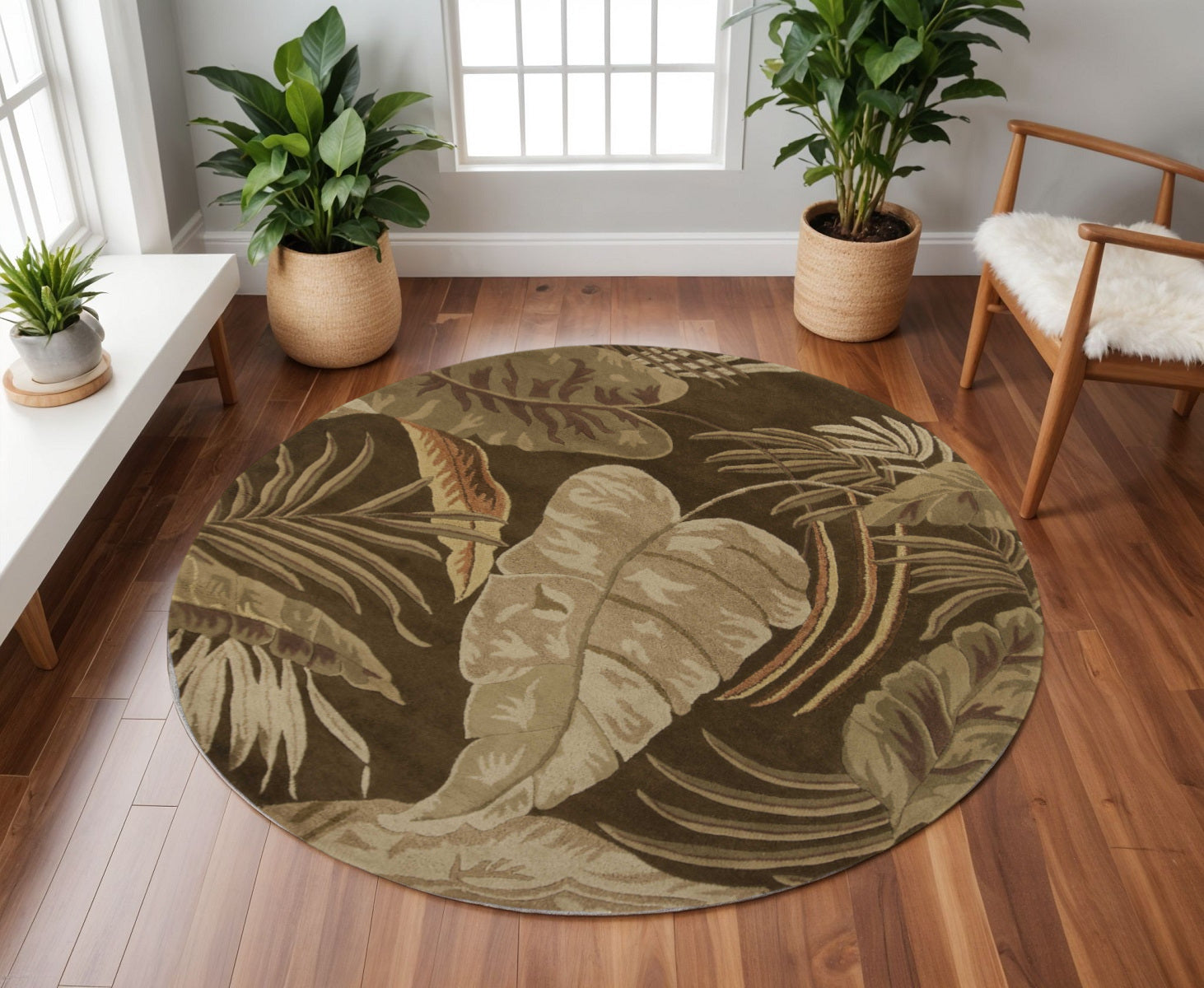 5' X 8' Brown And Beige Wool Botanical Leaves Hand Tufted Area Rug-Area Rugs-DECOROLALA