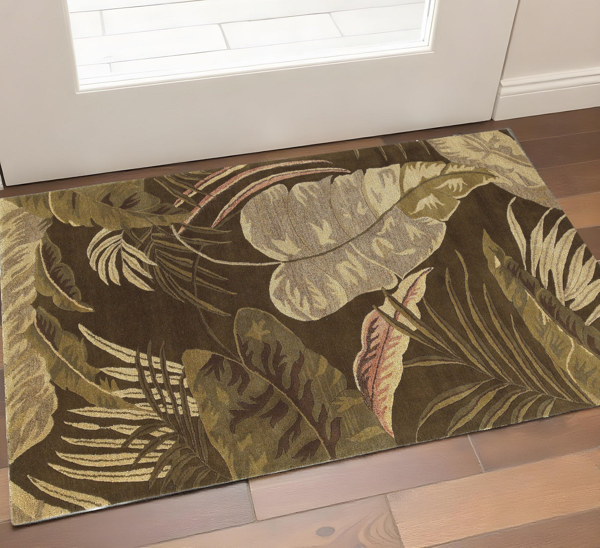 5' X 8' Brown And Beige Wool Botanical Leaves Hand Tufted Area Rug-Area Rugs-DECOROLALA