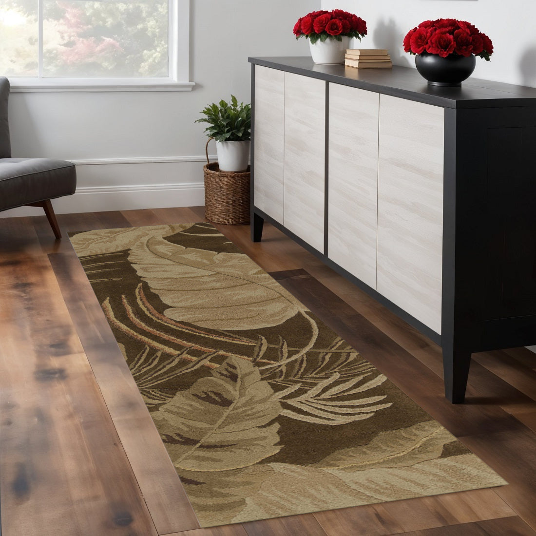 5' X 8' Brown And Beige Wool Botanical Leaves Hand Tufted Area Rug-Area Rugs-DECOROLALA