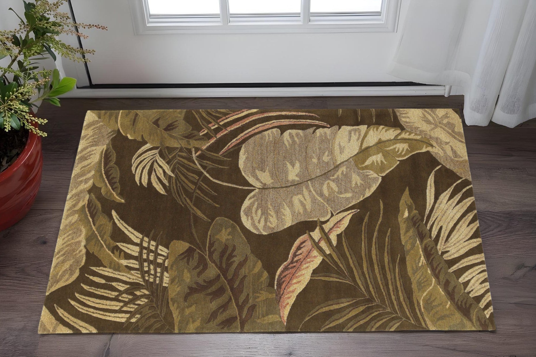 5' X 8' Brown And Beige Wool Botanical Leaves Hand Tufted Area Rug-Area Rugs-DECOROLALA