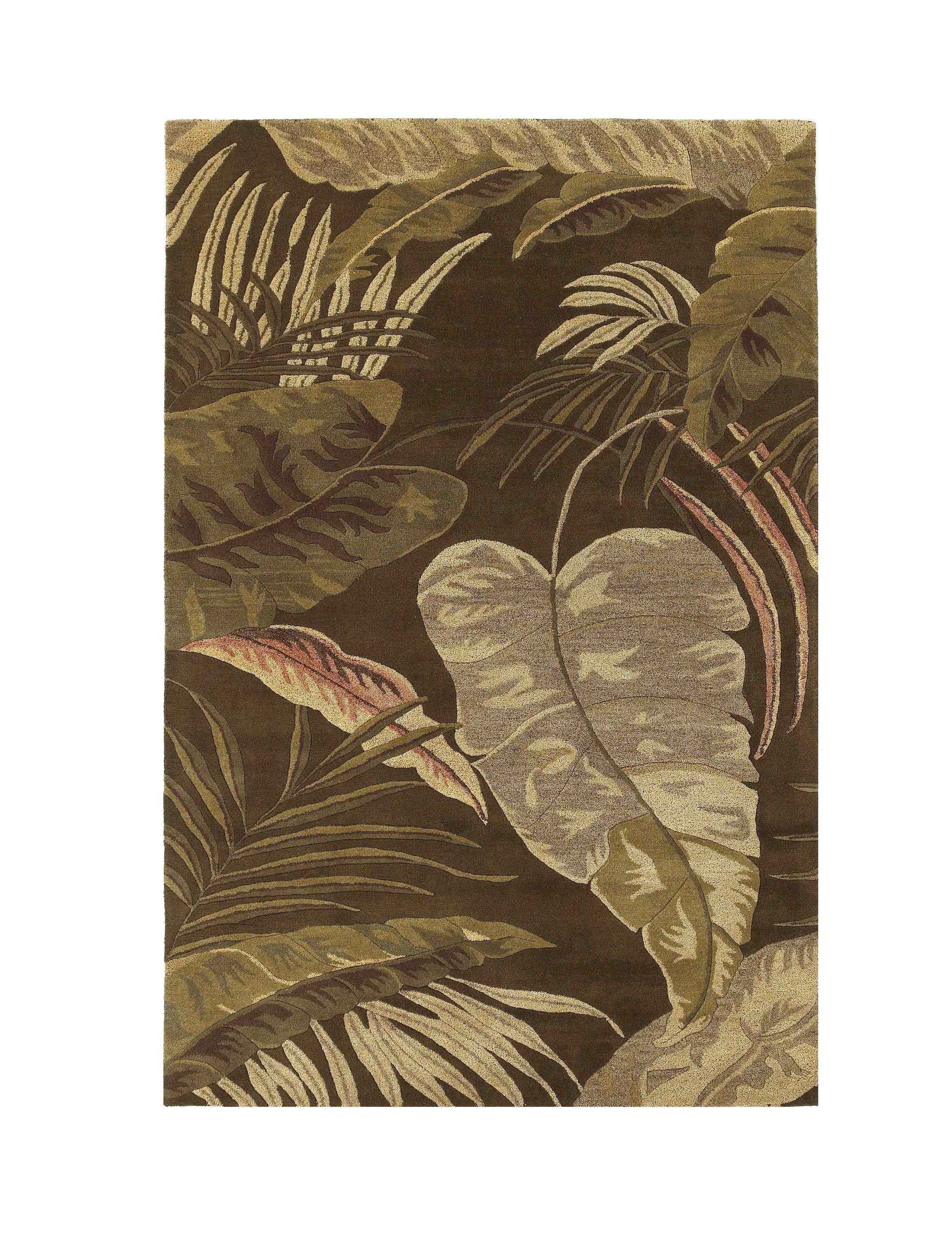 5' X 8' Brown And Beige Wool Botanical Leaves Hand Tufted Area Rug-Area Rugs-DECOROLALA