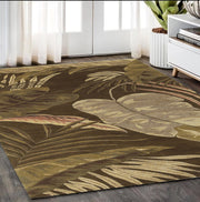 5' X 8' Brown And Beige Wool Botanical Leaves Hand Tufted Area Rug-Area Rugs-DECOROLALA