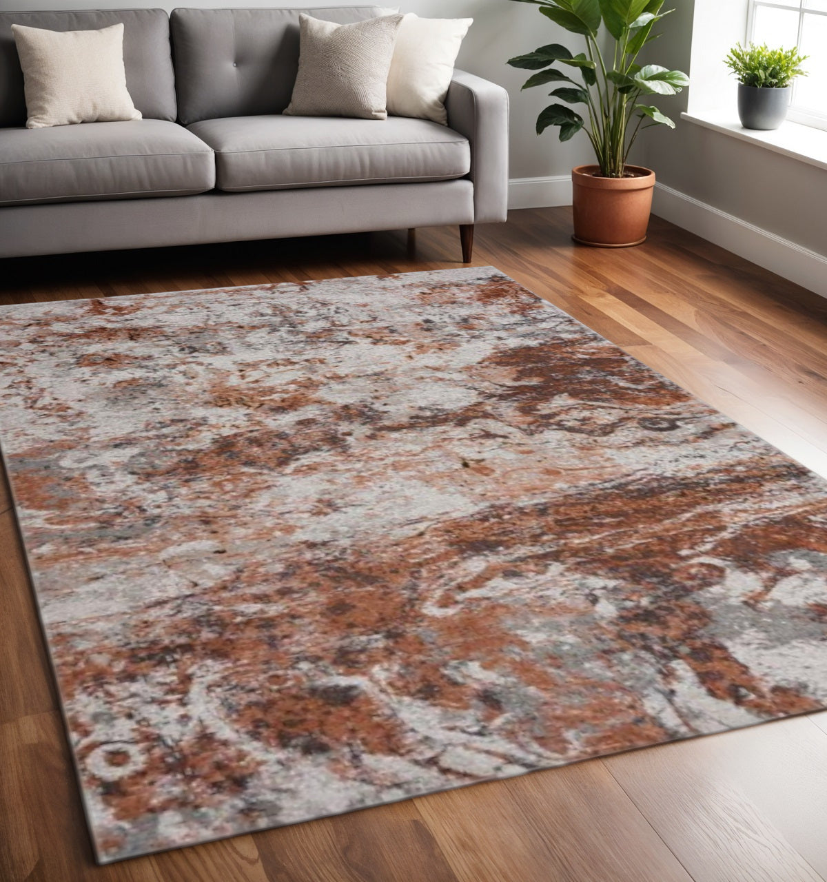 5' X 8' Brown and White Abstract Earth Area Rug-Area Rugs-DECOROLALA